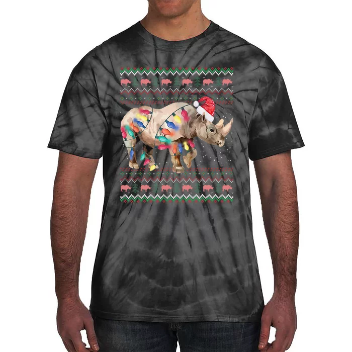 Santa Rhino Christmas Lights Ugly Sweater Racoon Lover Xmas Tie-Dye T-Shirt