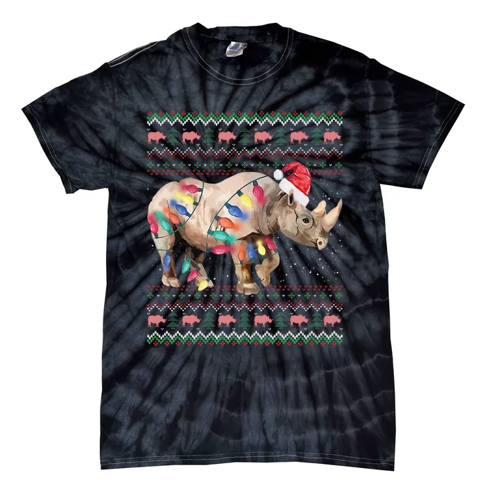 Santa Rhino Christmas Lights Ugly Sweater Racoon Lover Xmas Tie-Dye T-Shirt