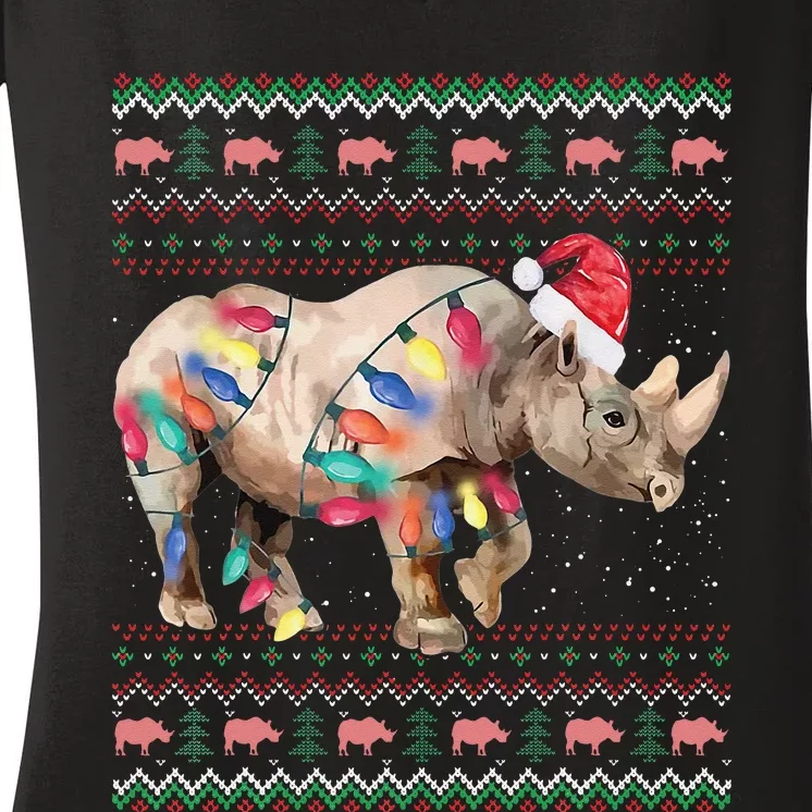 Santa Rhino Christmas Lights Ugly Sweater Racoon Lover Xmas Women's V-Neck T-Shirt