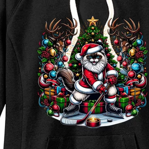 Santa Ragdoll Cat Playing Hockey Christmas Cute Gift Women's Fleece Hoodie