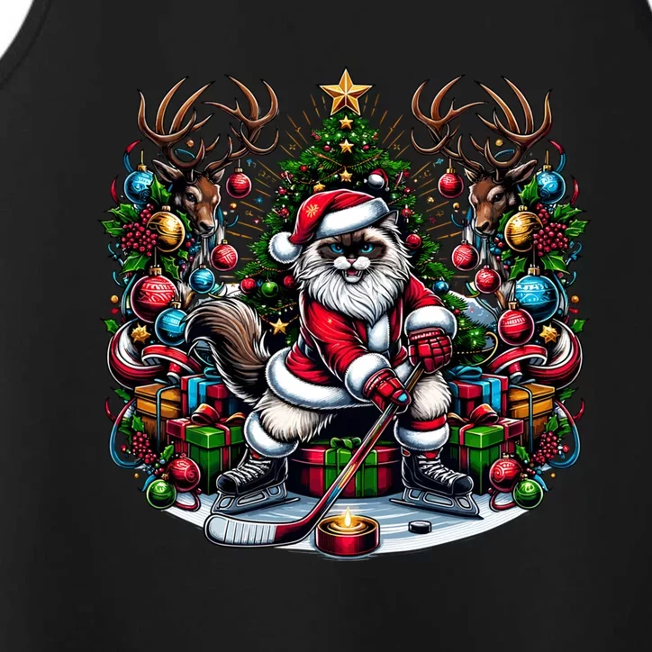 Santa Ragdoll Cat Playing Hockey Christmas Cute Gift Performance Tank