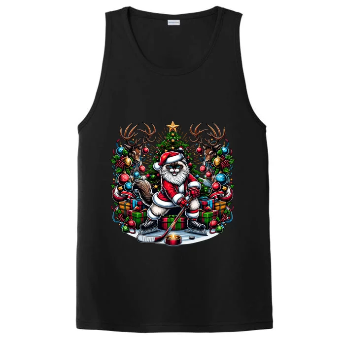 Santa Ragdoll Cat Playing Hockey Christmas Cute Gift Performance Tank