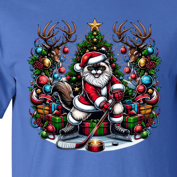 Santa Ragdoll Cat Playing Hockey Christmas Cute Gift Tall T-Shirt