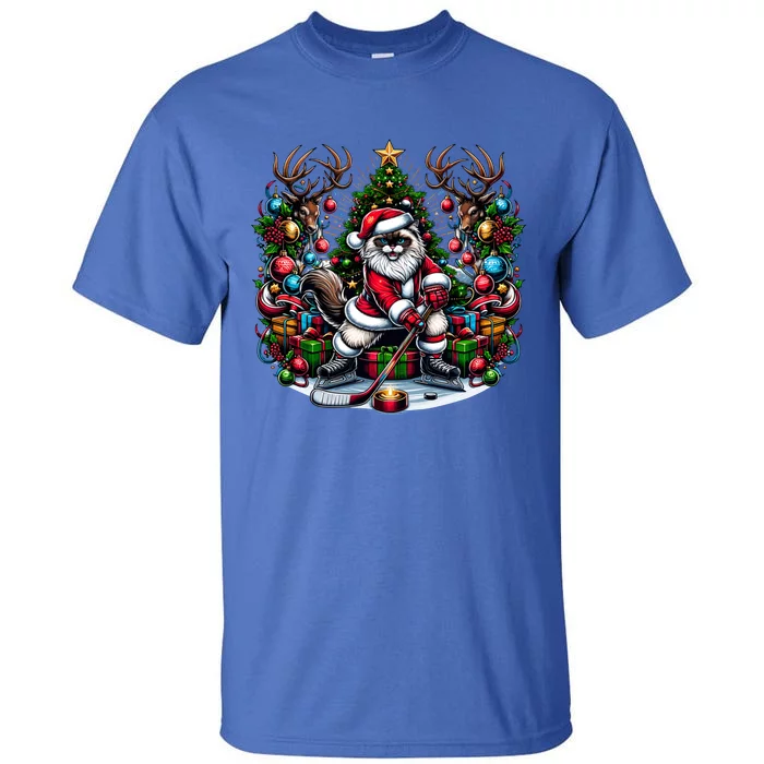 Santa Ragdoll Cat Playing Hockey Christmas Cute Gift Tall T-Shirt