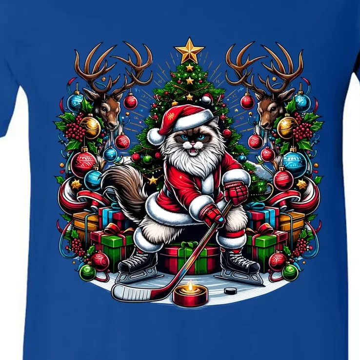 Santa Ragdoll Cat Playing Hockey Christmas Cute Gift V-Neck T-Shirt