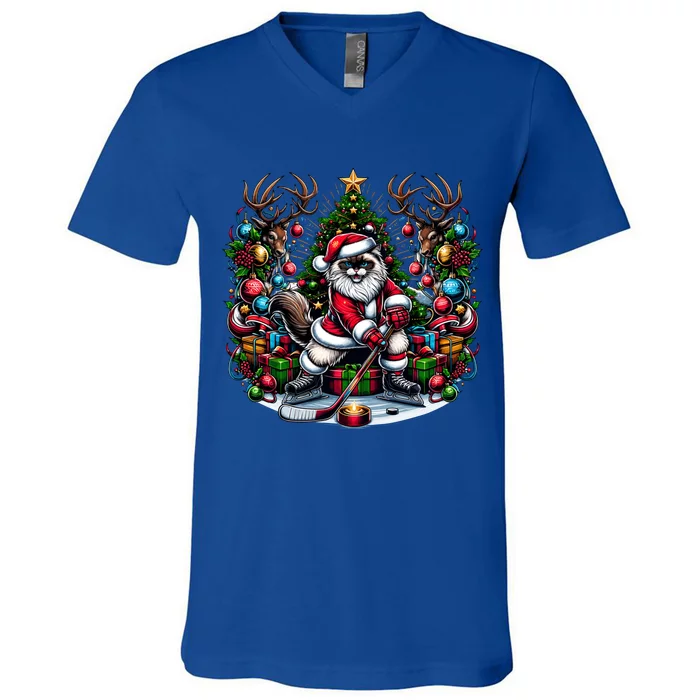 Santa Ragdoll Cat Playing Hockey Christmas Cute Gift V-Neck T-Shirt