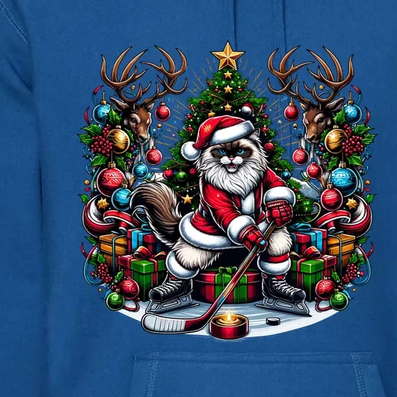 Santa Ragdoll Cat Playing Hockey Christmas Cute Gift Premium Hoodie