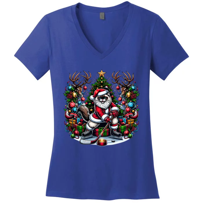 Santa Ragdoll Cat Playing Hockey Christmas Cute Gift Women's V-Neck T-Shirt