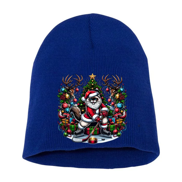 Santa Ragdoll Cat Playing Hockey Christmas Cute Gift Short Acrylic Beanie