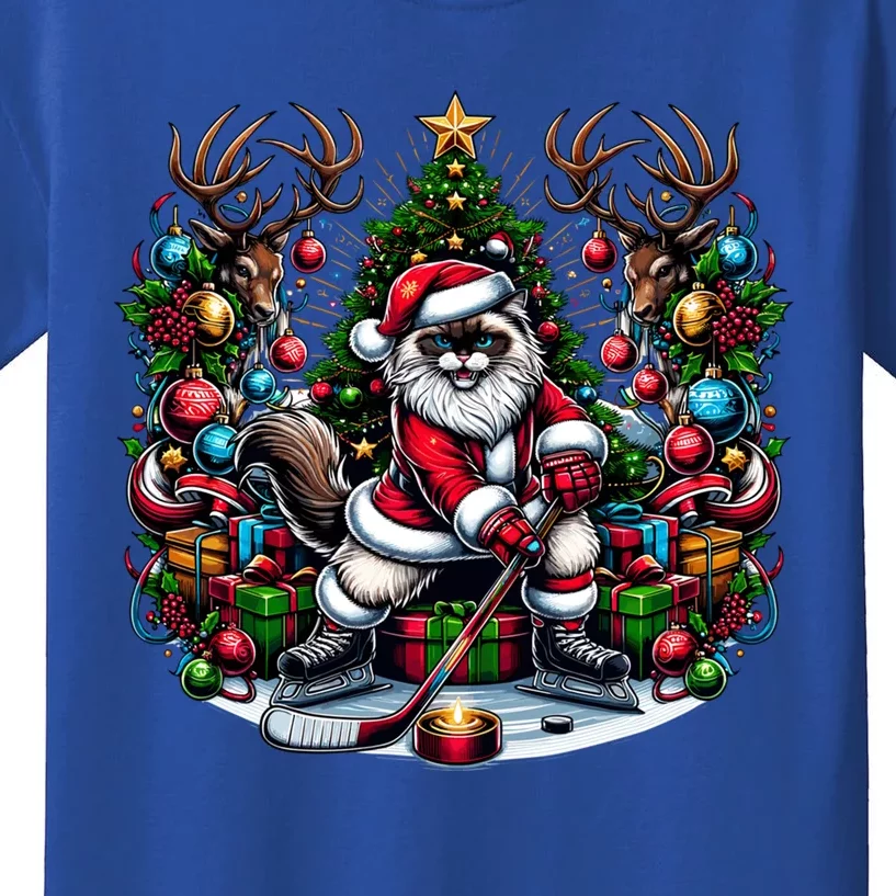 Santa Ragdoll Cat Playing Hockey Christmas Cute Gift Kids T-Shirt