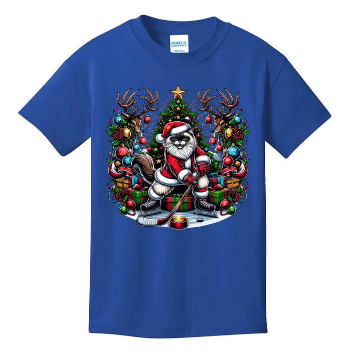 Santa Ragdoll Cat Playing Hockey Christmas Cute Gift Kids T-Shirt