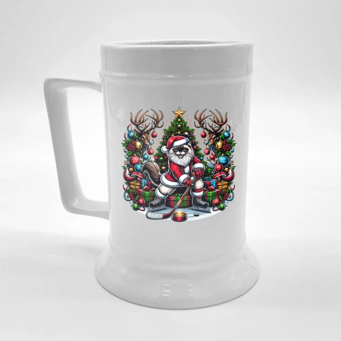 Santa Ragdoll Cat Playing Hockey Christmas Cute Gift Front & Back Beer Stein