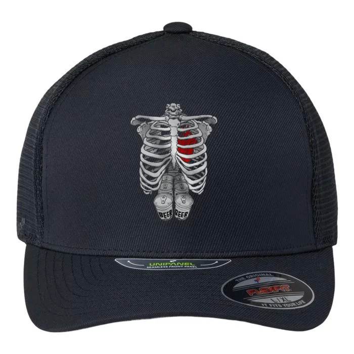 Skeleton Rib Cage Full Of Beer Funny Halloween Costume Flexfit Unipanel Trucker Cap