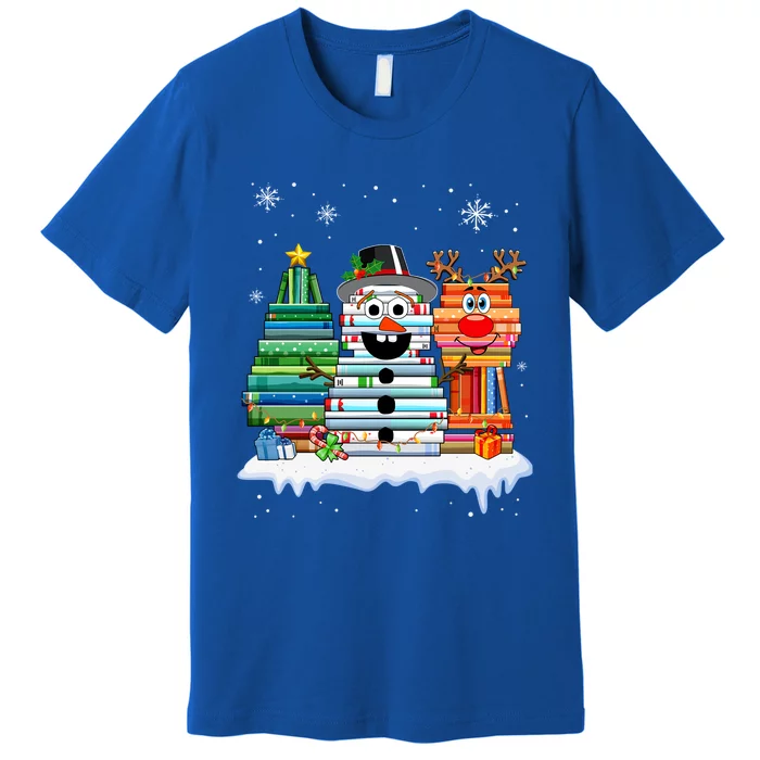 Snow Reindeer Christmas Tree Book Lover Stacked Christmas Funny Gift Premium T-Shirt