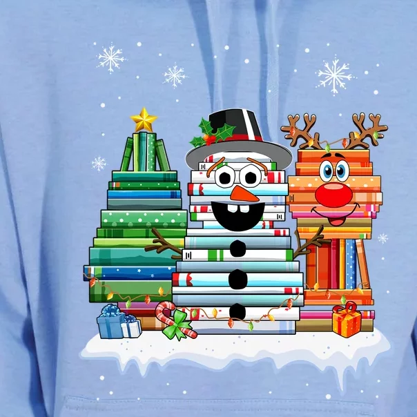 Snow Reindeer Christmas Tree Book Lover Stacked Christmas Funny Gift Unisex Surf Hoodie