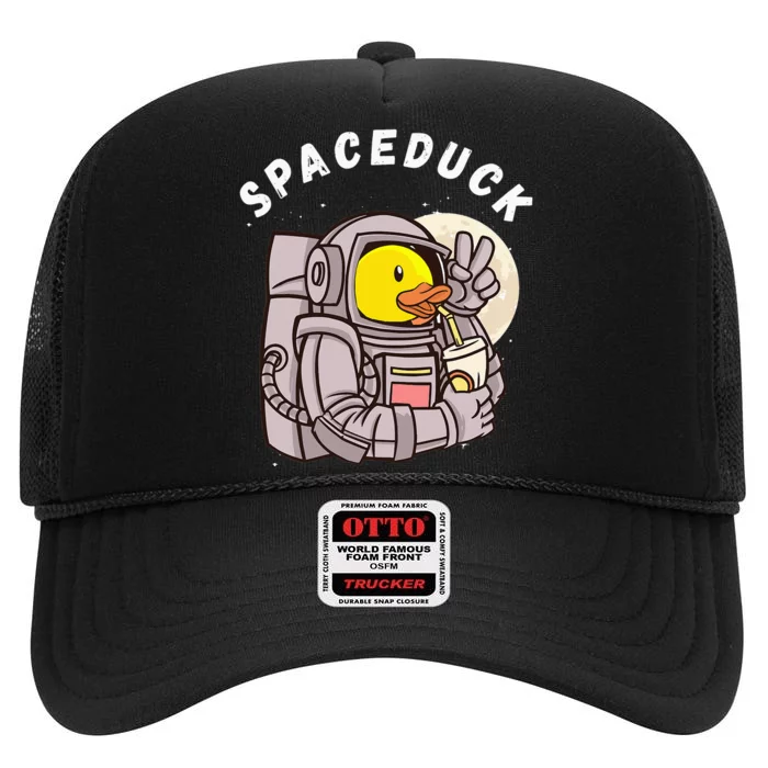 Space Rubber Duck Funny Astronaut Rubber Duckling Galaxy High Crown Mesh Trucker Hat