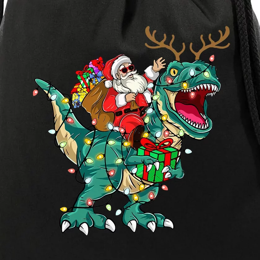 Santa Riding Dinosaur T rex Deer  Christmas Drawstring Bag