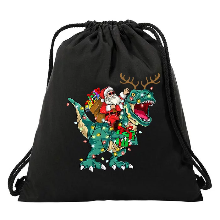 Santa Riding Dinosaur T rex Deer  Christmas Drawstring Bag