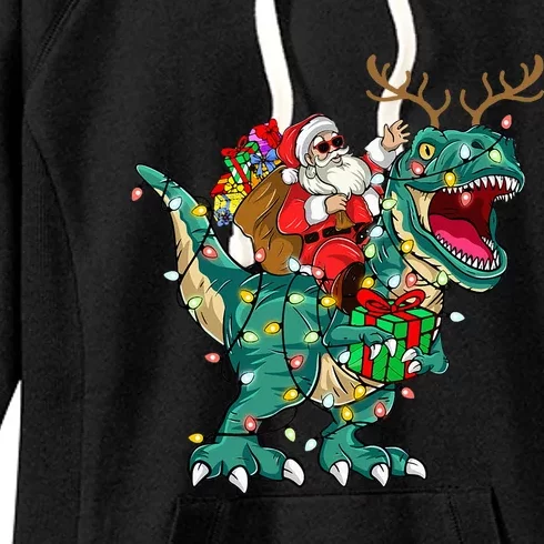 Santa Riding Dinosaur T rex Deer  Christmas Women's Fleece Hoodie