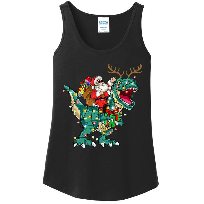 Santa Riding Dinosaur T rex Deer  Christmas Ladies Essential Tank