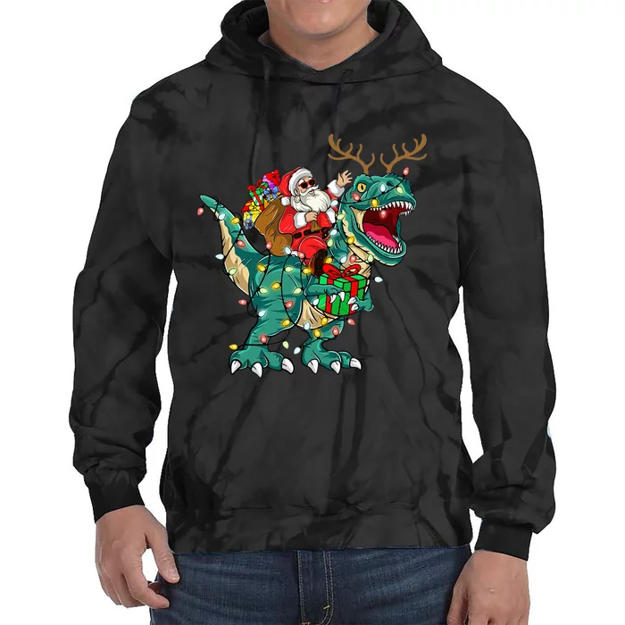 Santa Riding Dinosaur T rex Deer  Christmas Tie Dye Hoodie