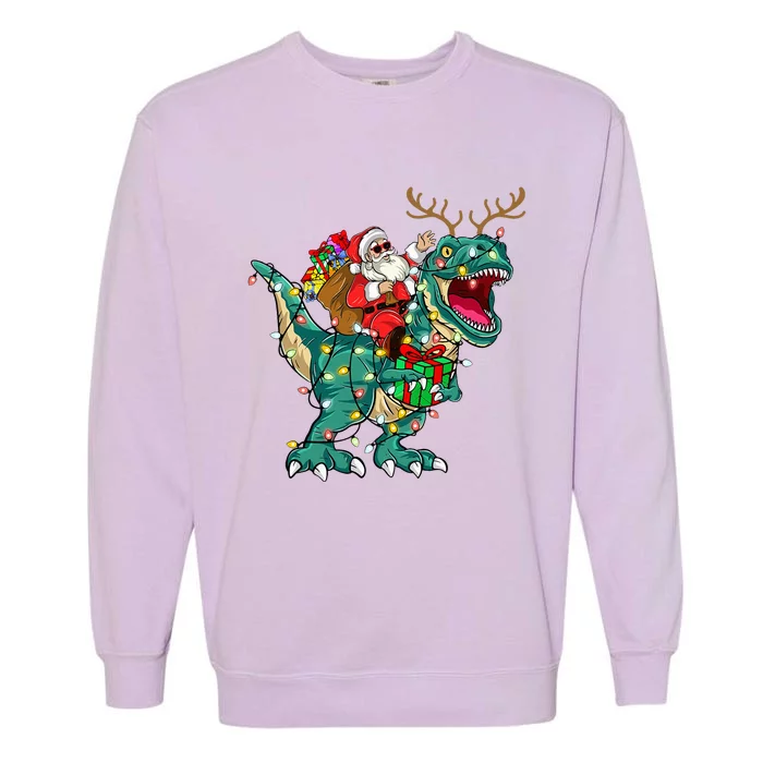 Santa Riding Dinosaur T rex Deer  Christmas Garment-Dyed Sweatshirt