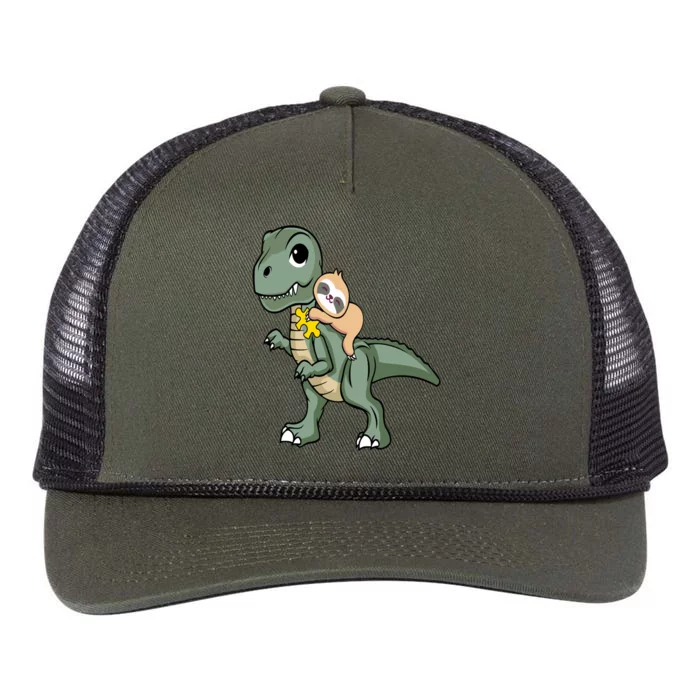 Sloth Riding Dinosaur Autism Awareness Cute Trex Puzzle Great Gift Retro Rope Trucker Hat Cap