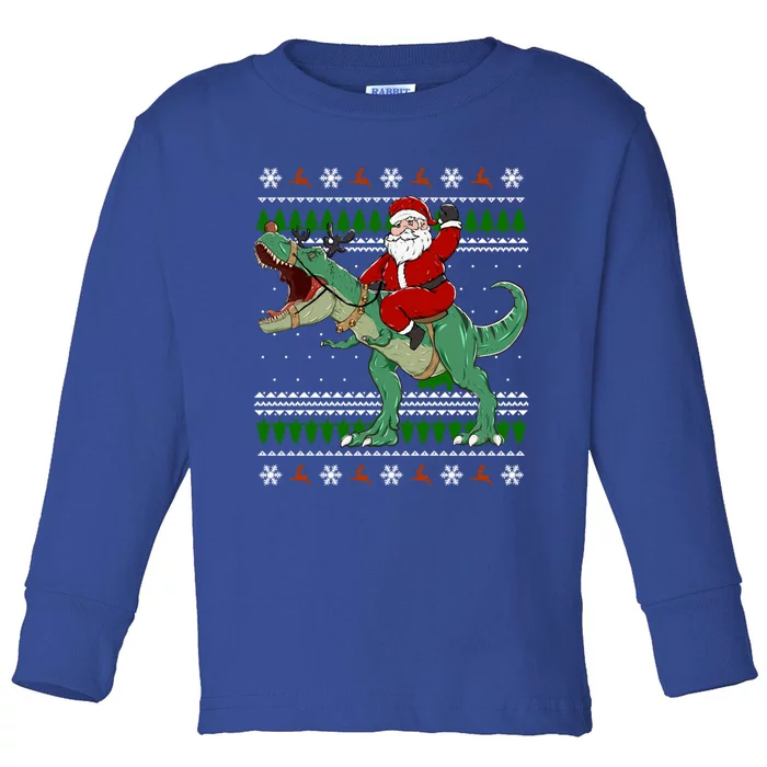 Santa Riding Dino Funny Christmas Ugly Sweater Gift Toddler Long Sleeve Shirt