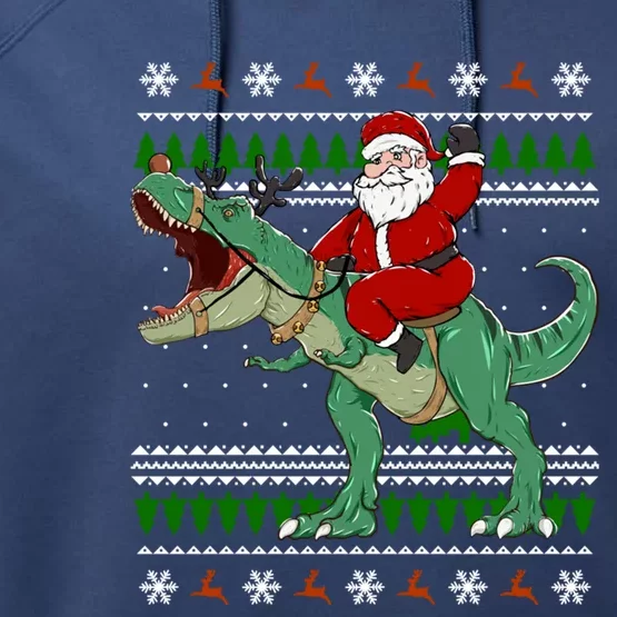 Santa Riding Dino Funny Christmas Ugly Sweater Gift Performance Fleece Hoodie