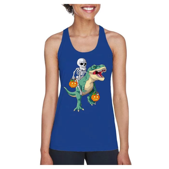 Skeleton Riding Dinosaur T Rex Halloween Funny Pumpkin Gift Women's Racerback Tank