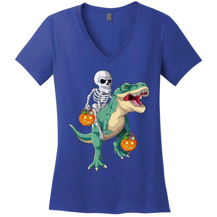 Skeleton Riding Dinosaur T Rex Halloween Funny Pumpkin Gift Women's V-Neck T-Shirt