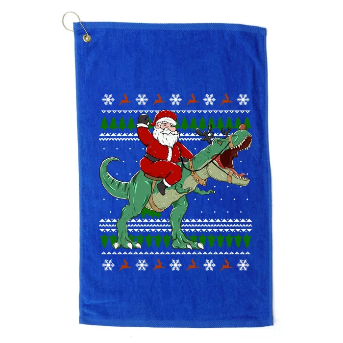 Santa Riding Dino Funny Christmas Ugly Sweater Great Gift Platinum Collection Golf Towel