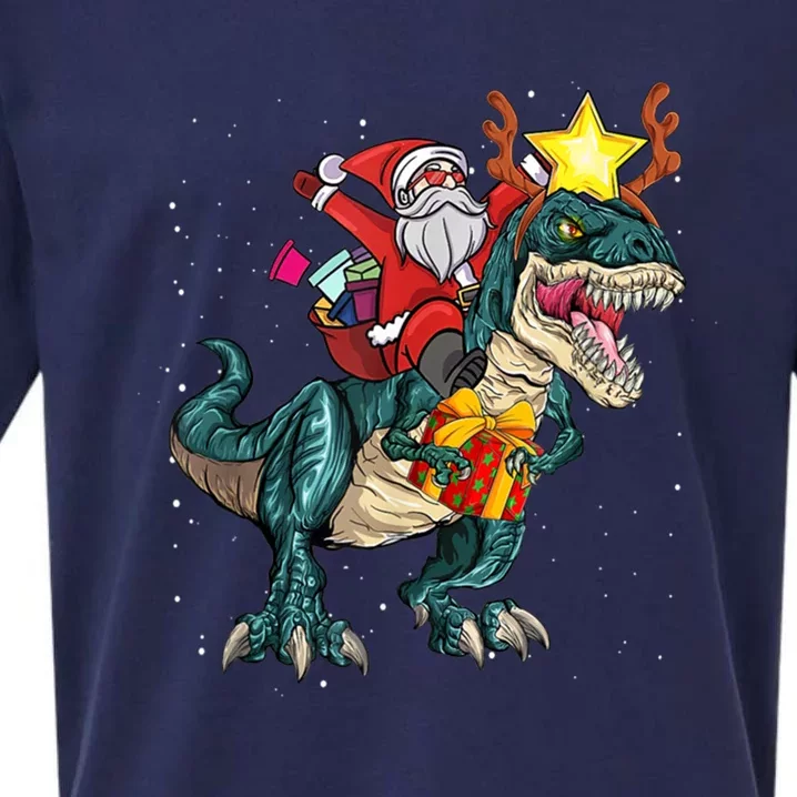 Santa Riding Dinosaur T Rex Christmas Party Xmas Cool Gift Sueded Cloud Jersey T-Shirt