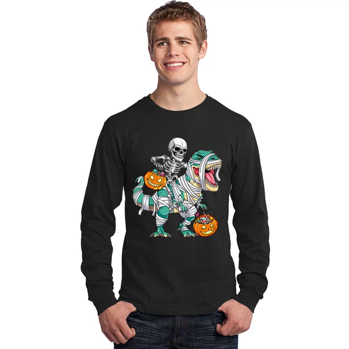 Skeleton Riding Dinosaur T Rex Funny Kids Halloween Long Sleeve Shirt