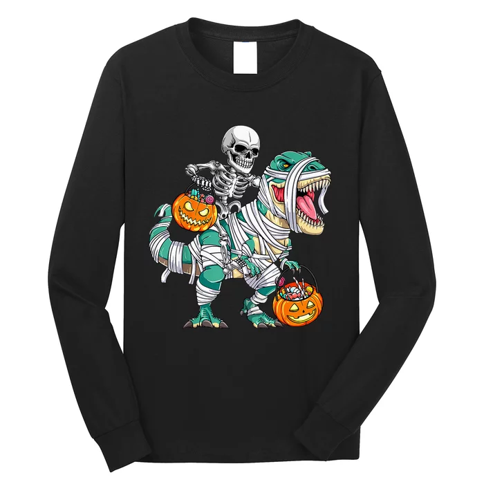 Skeleton Riding Dinosaur T Rex Funny Kids Halloween Long Sleeve Shirt