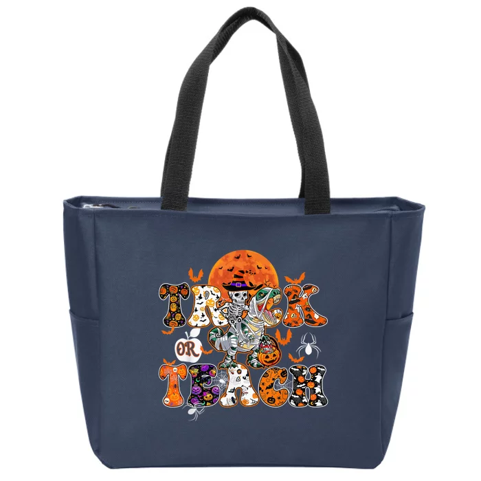 Skeleton Riding Dino Trick Or Teach Funny Halloween Costume Zip Tote Bag