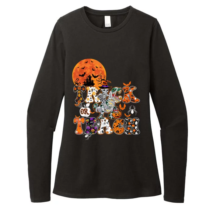 Skeleton Riding Dino Trick Or Teach Funny Halloween Costume Womens CVC Long Sleeve Shirt