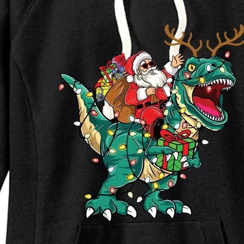 Santa Riding Dinosaur T Rex Deer Christmas Women's Fleece Hoodie