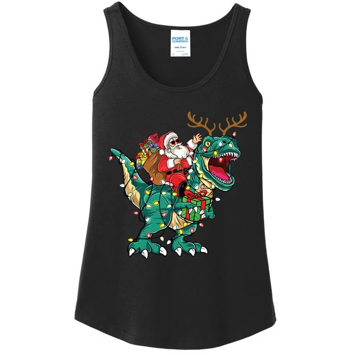 Santa Riding Dinosaur T Rex Deer Christmas Ladies Essential Tank