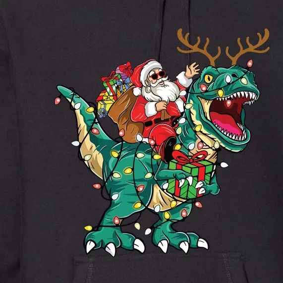 Santa Riding Dinosaur T Rex Deer Christmas Premium Hoodie