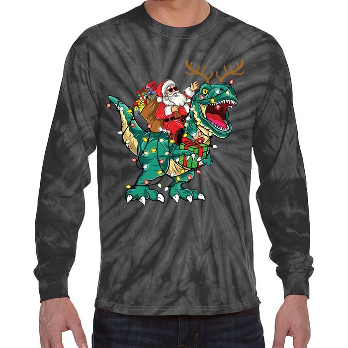 Santa Riding Dinosaur T Rex Deer Christmas Tie-Dye Long Sleeve Shirt