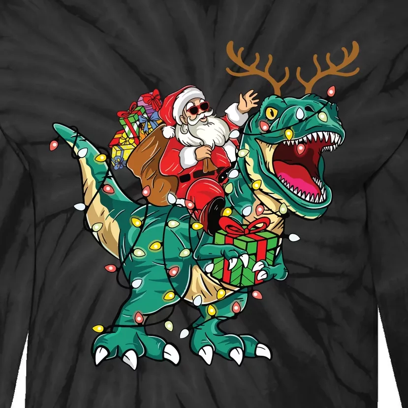 Santa Riding Dinosaur T Rex Deer Christmas Tie-Dye Long Sleeve Shirt