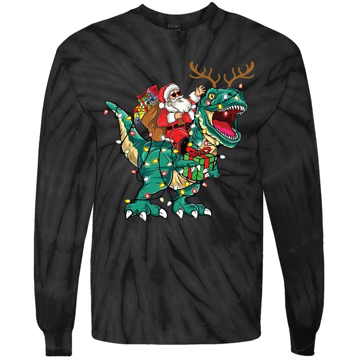 Santa Riding Dinosaur T Rex Deer Christmas Tie-Dye Long Sleeve Shirt