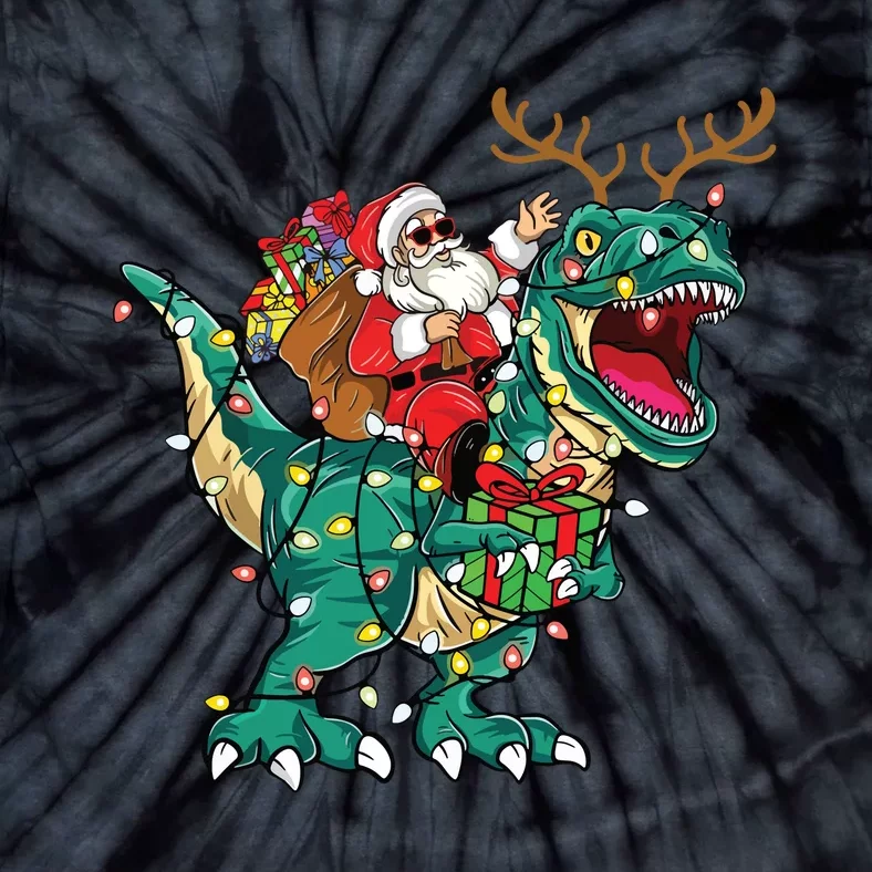 Santa Riding Dinosaur T Rex Deer Christmas Tie-Dye T-Shirt