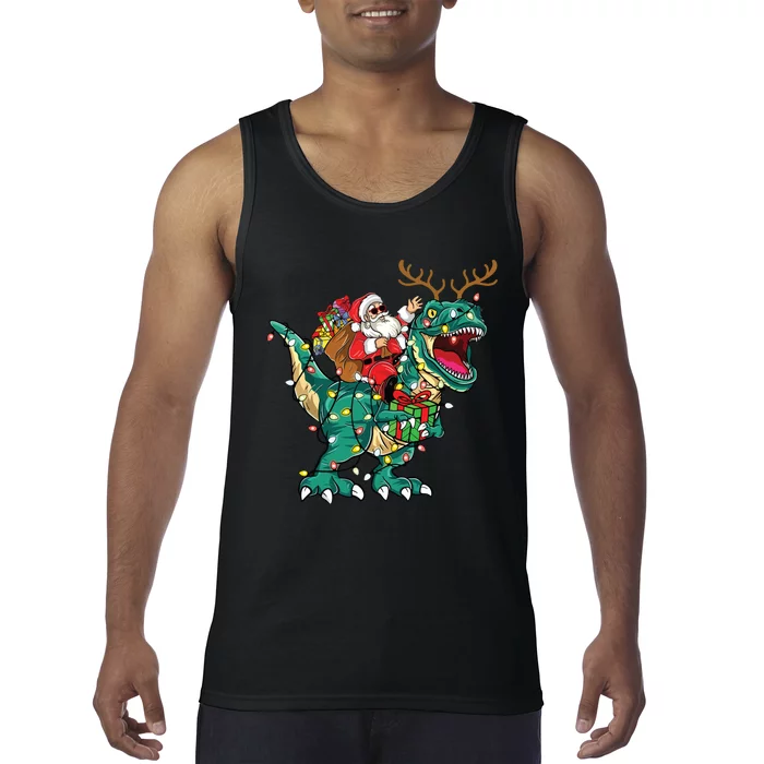 Santa Riding Dinosaur T Rex Deer Christmas Tank Top