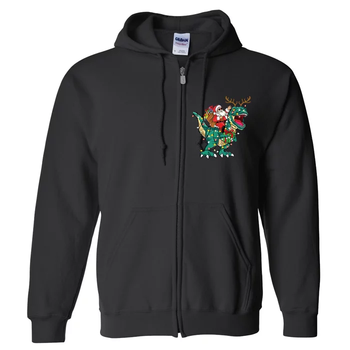 Santa Riding Dinosaur T Rex Deer Christmas Full Zip Hoodie