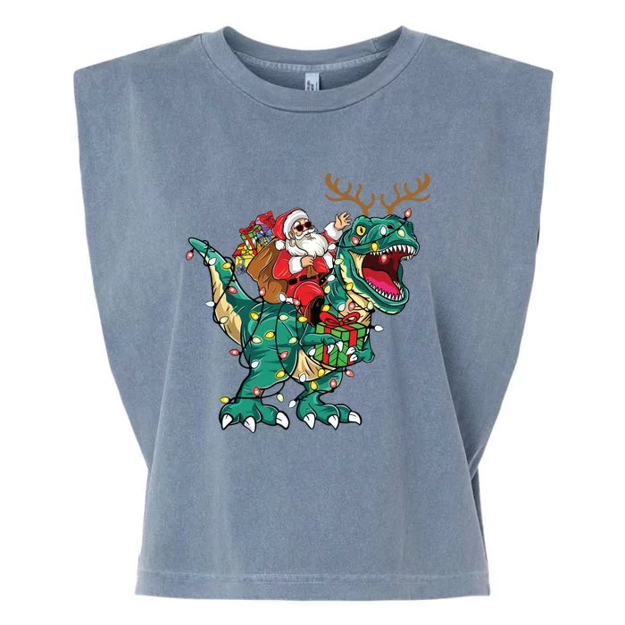 Santa Riding Dinosaur T Rex Deer Christmas Garment-Dyed Women's Muscle Tee