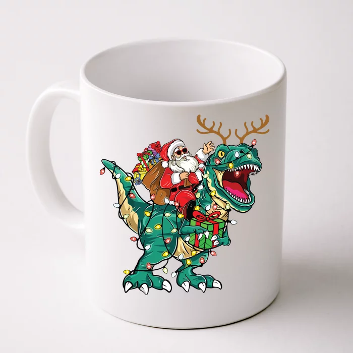 Santa Riding Dinosaur T Rex Deer Christmas Front & Back Coffee Mug