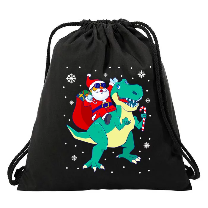 Santa Riding Dinosaur Christmas T Rex Rawr Boy Gift Drawstring Bag