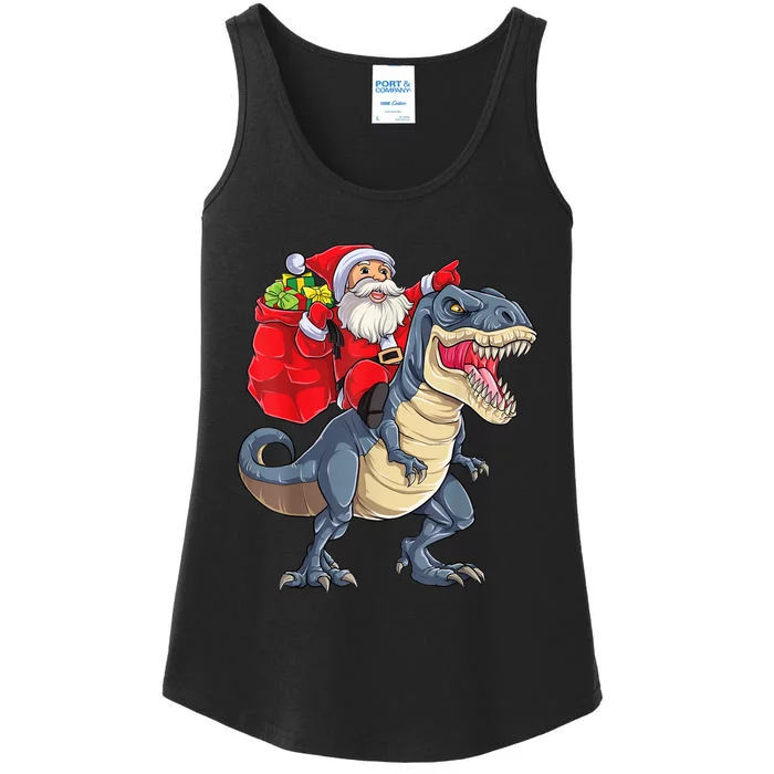 Santa Riding Dinosaur T Rex ChristmasBoys Men Xmas Ladies Essential Tank